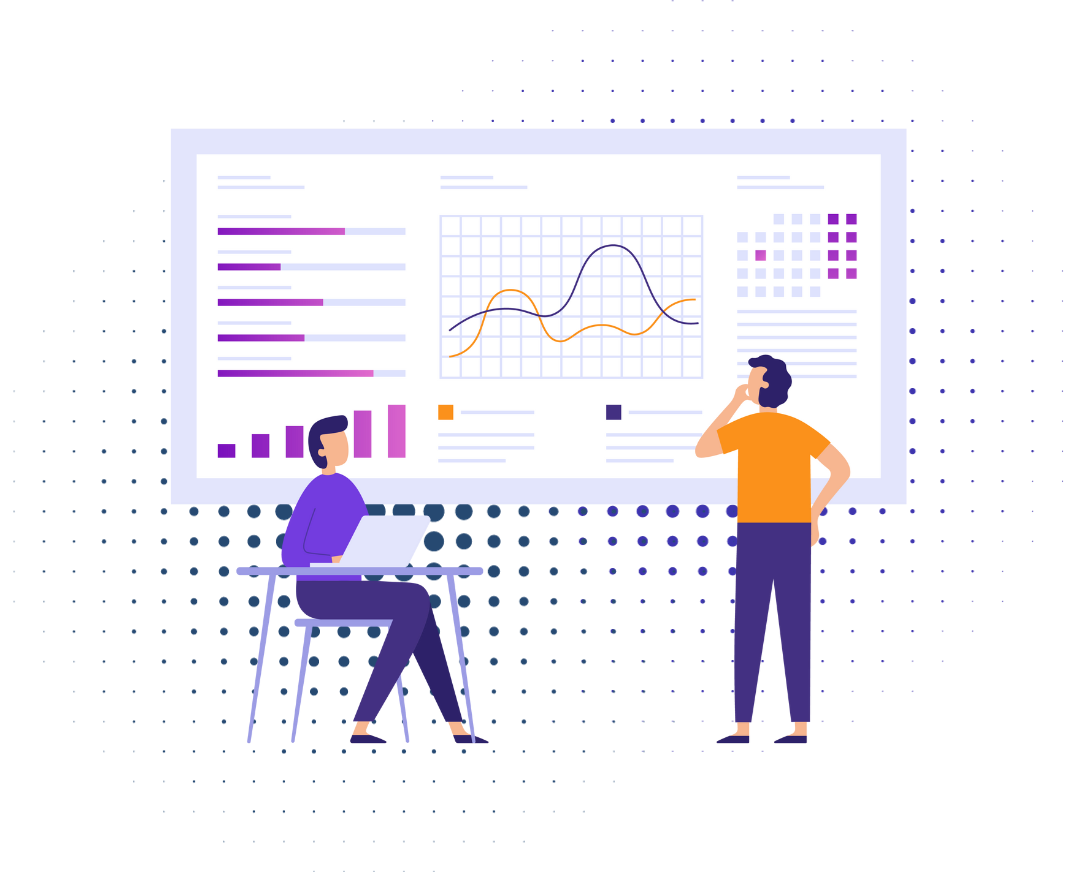 Graphic illustration of people looking at trends, graphs and data