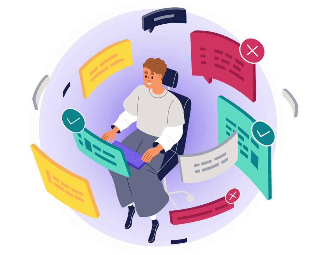 Illustration of a person working at a computer, surrounded by floating panels symbolizing business capability evaluations, approvals, and decision-making processes.