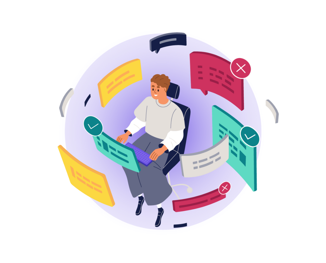 Illustration of a person working at a computer, surrounded by floating panels symbolizing business capability evaluations, approvals, and decision-making processes.