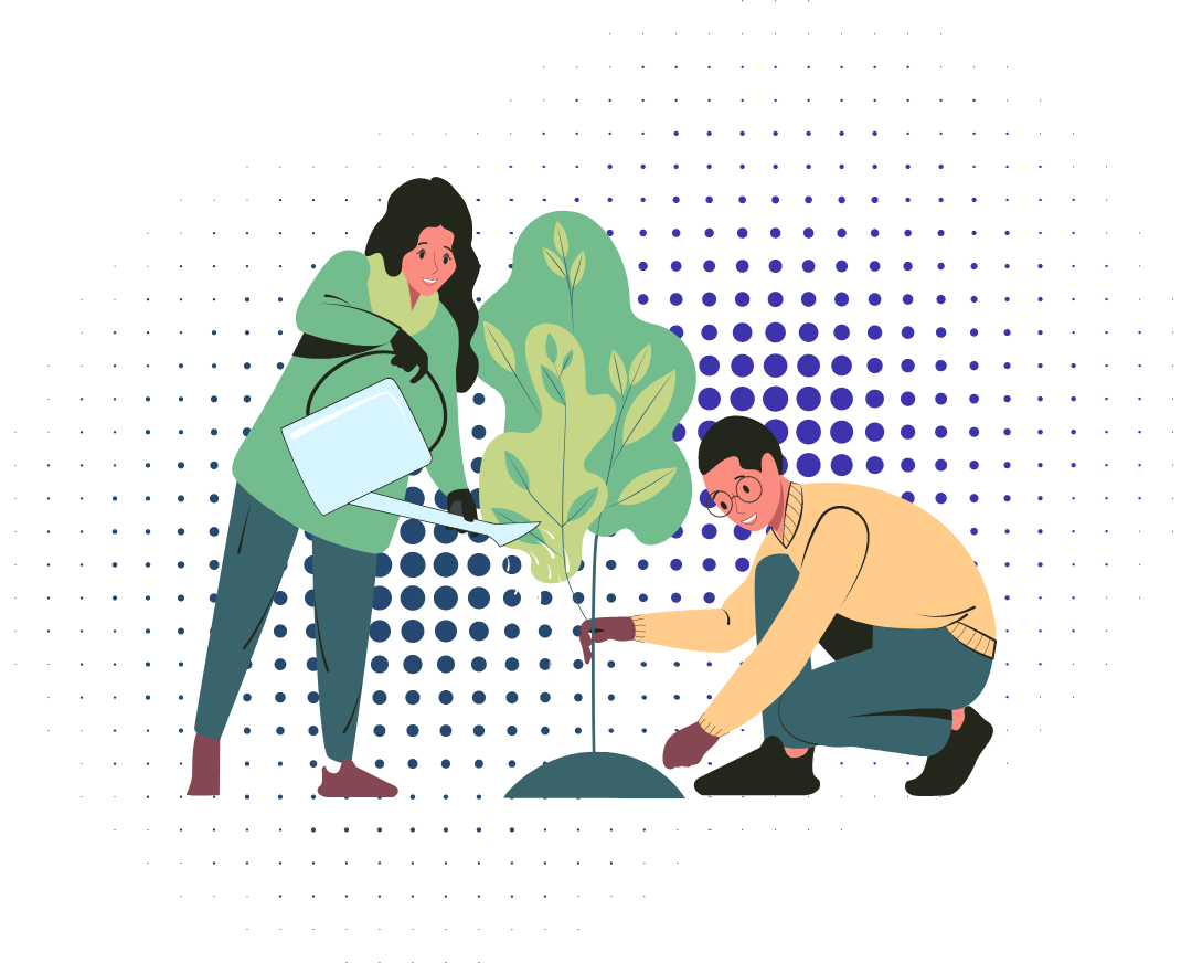 Graphic illustration of two people planting a tree