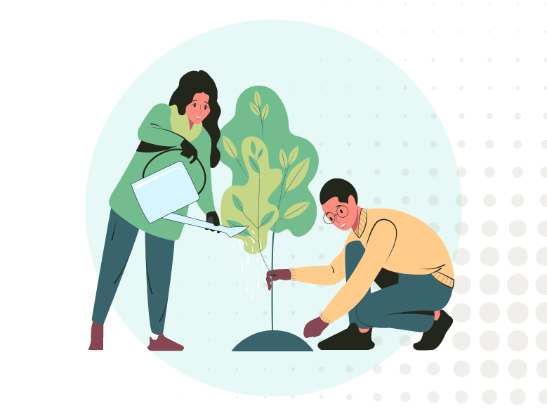 Graphic illustration of two people planting a tree