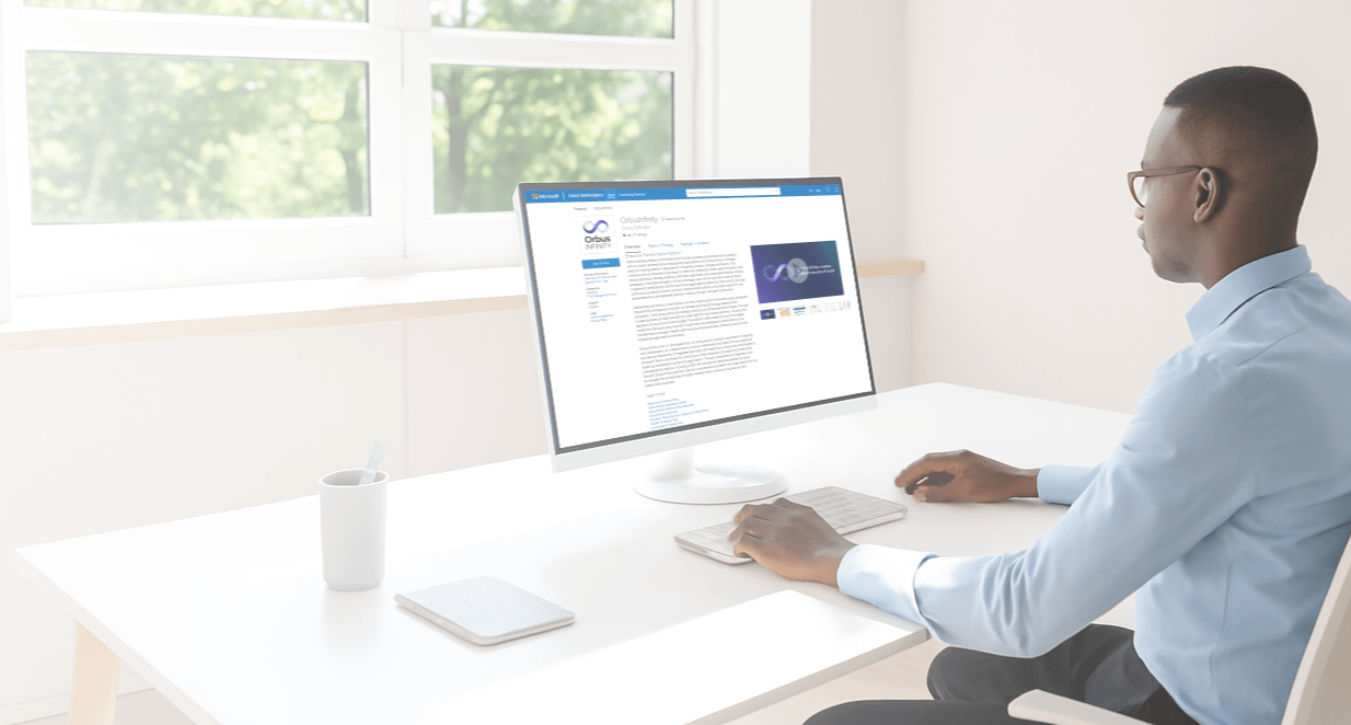 Man viewing OrbusInfinity product page on Azure Marketplace displayed on a desktop monitor in a modern office setting.