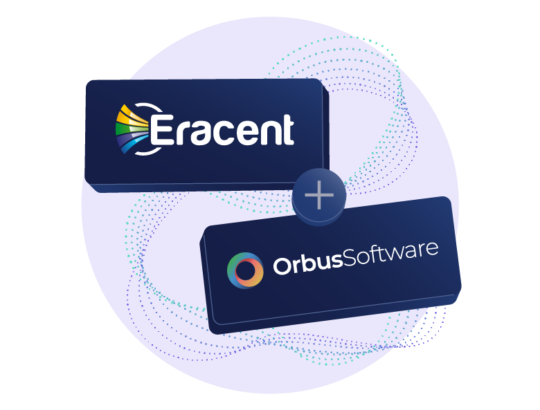 Graphic featuring the Eracent and Orbus Software logos connected by a plus sign, set against a vibrant purple background with dynamic dotted swirl patterns