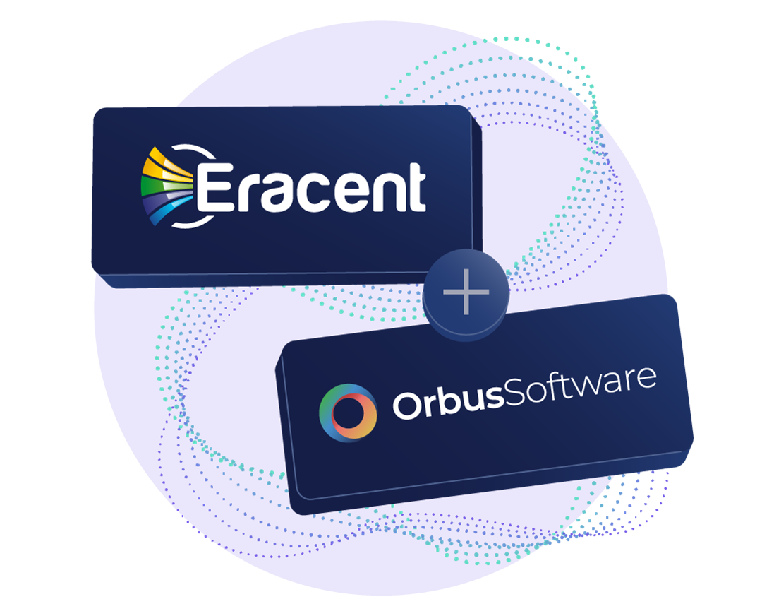 Graphic featuring the Eracent and Orbus Software logos connected by a plus sign, set against a vibrant purple background with dynamic dotted swirl patterns.