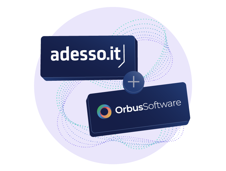 A graphic featuring the logos of adesso.it and Orbus Software connected by a plus sign. The design is set against a circular purple background with dotted patterns.