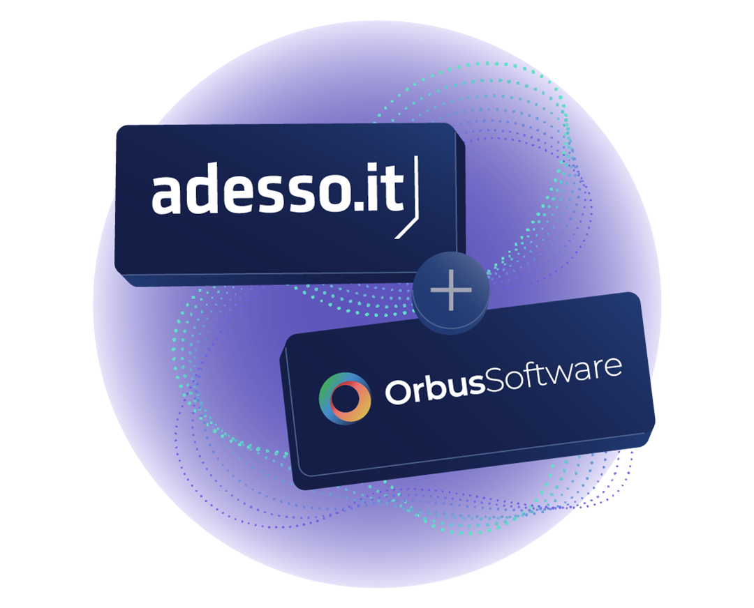 A graphic featuring the logos of adesso.it and Orbus Software connected by a plus sign. The design is set against a circular purple background with dotted patterns.
