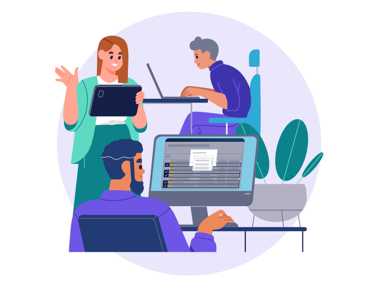 Illustration of three professionals collaborating in a digital workspace. A man in the foreground is working on a desktop computer, while a woman stands nearby holding a tablet, and another person is seated at a laptop.