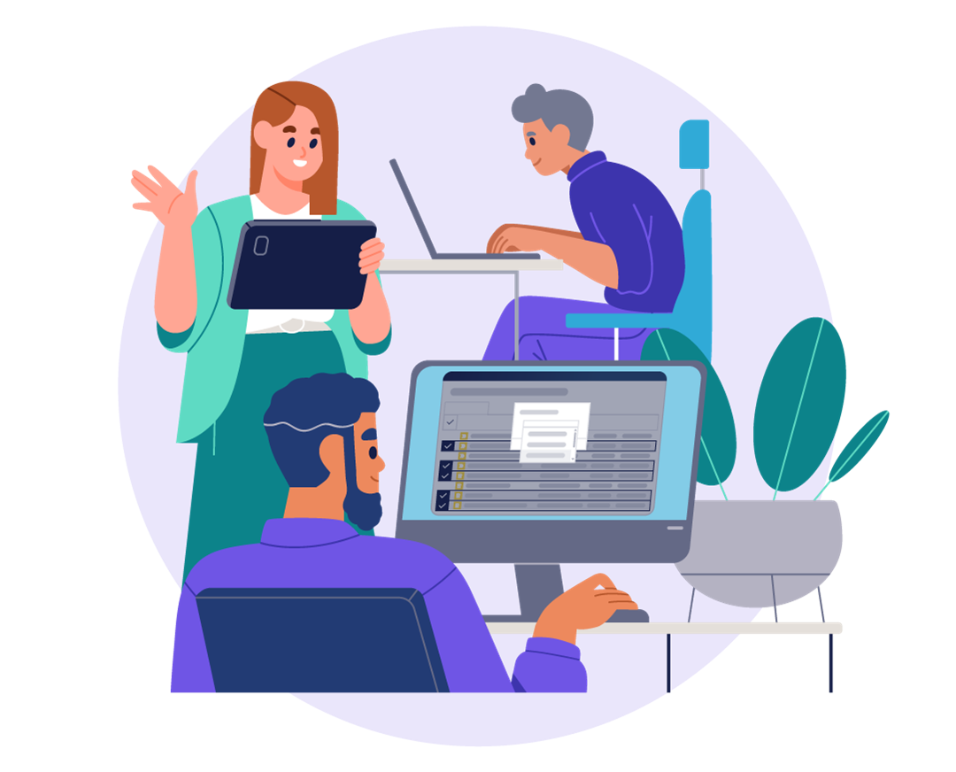 Illustration of three professionals collaborating in a digital workspace. A man in the foreground is working on a desktop computer, while a woman stands nearby holding a tablet, and another person is seated at a laptop.