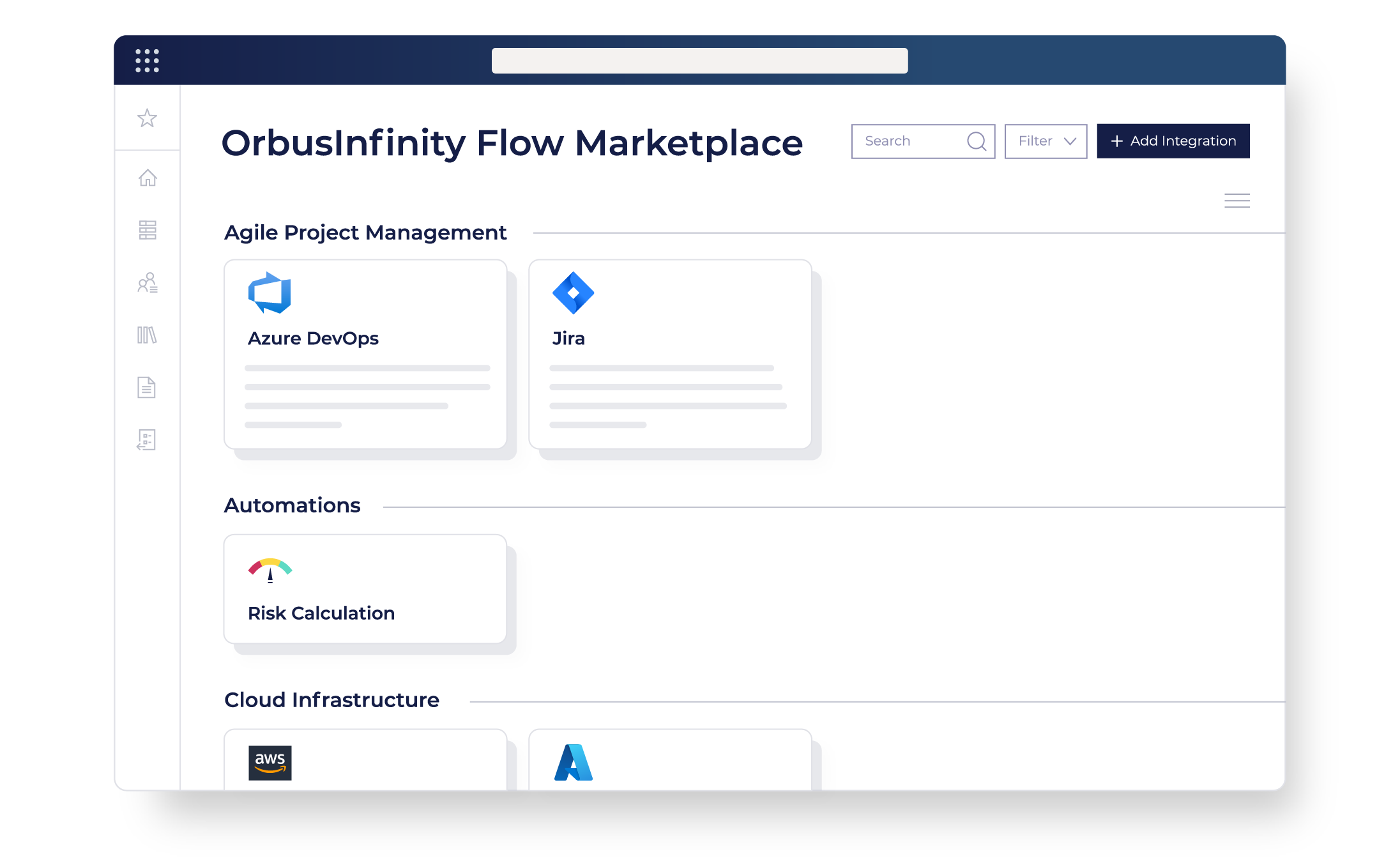 Menu view of OrbusInfinity Flow and its integrations