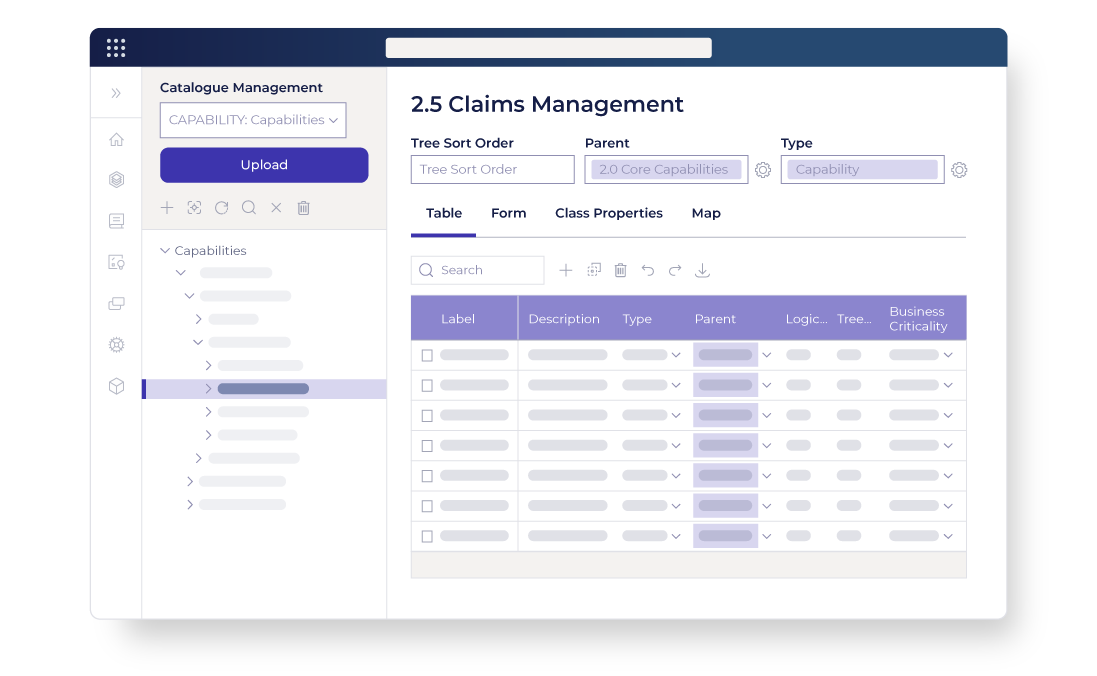 Claims management capability catalogue with editable attributes and business criticality insights