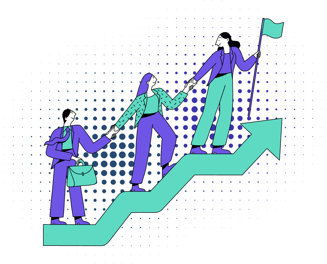 Graphic illustration of employees climbing an arrow upwards, with a flag at the top